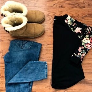 Floral sleeved black raglan shirt